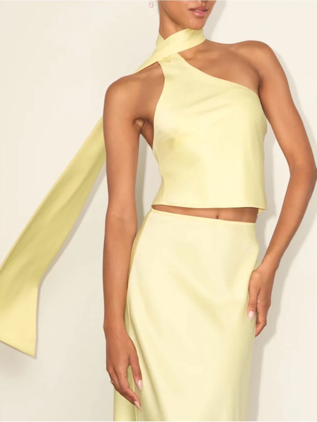 Lulu's Pale Yellow One-Shoulder Tie-Neck Skirt Set
